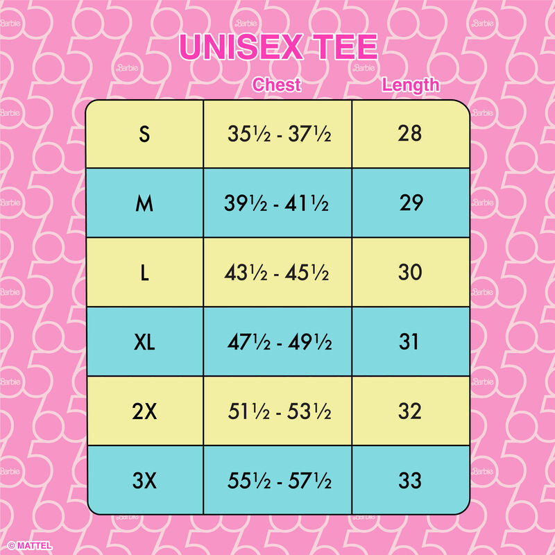 Load image into Gallery viewer, Loungefly Barbie 65th Anniversary Tee Shirt Size Chart
