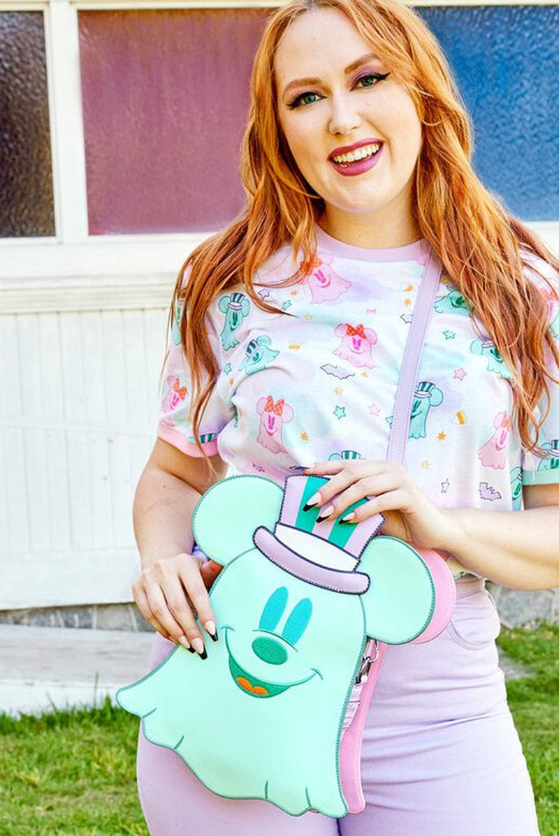 Load image into Gallery viewer, Loungefly Disney Pastel Ghost Minnie Glow in the Dark Double Sided Crossbody Bag
