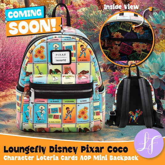 Loungefly Disney Pixar Coco Character Lotería Cards Allover Print Mini Backpack