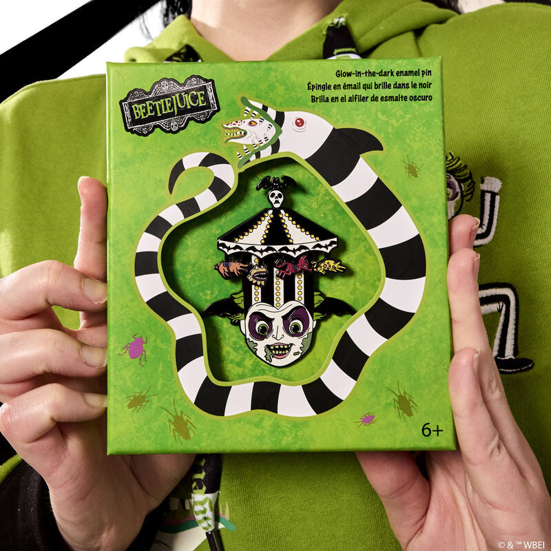 Load image into Gallery viewer, Loungefly Beetlejuice Carousel Hat Sliding 3&quot; Collector Box Pin
