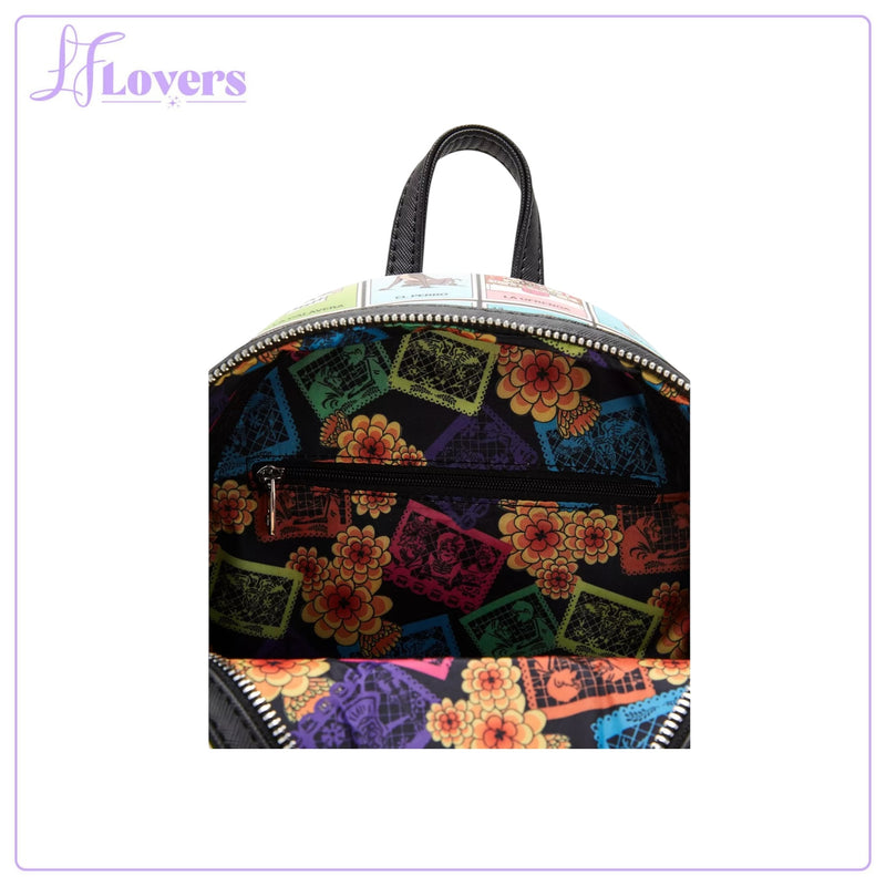 Load image into Gallery viewer, Loungefly Disney Pixar Coco Character Lotería Cards Allover Print Mini Backpack
