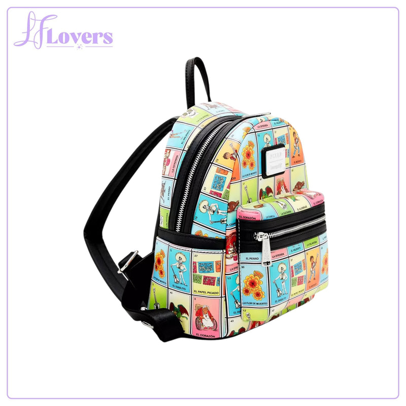 Load image into Gallery viewer, Loungefly Disney Pixar Coco Character Lotería Cards Allover Print Mini Backpack
