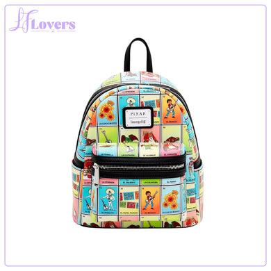 Loungefly Disney Pixar Coco Character Lotería Cards Allover Print Mini Backpack