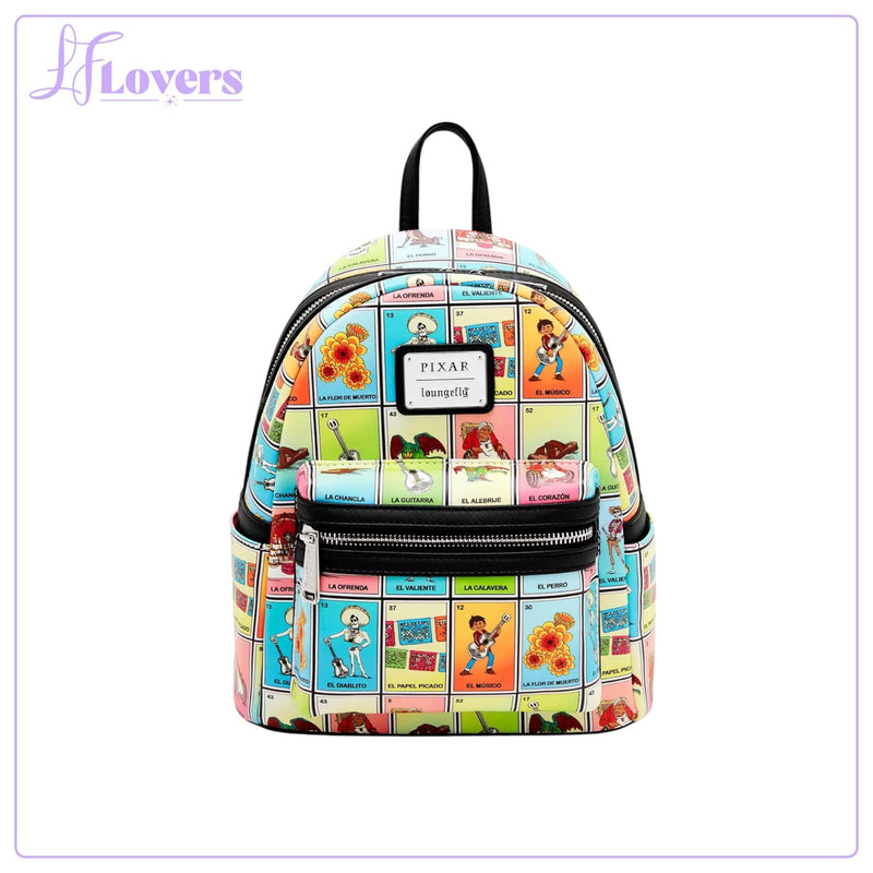 Load image into Gallery viewer, Loungefly Disney Pixar Coco Character Lotería Cards Allover Print Mini Backpack
